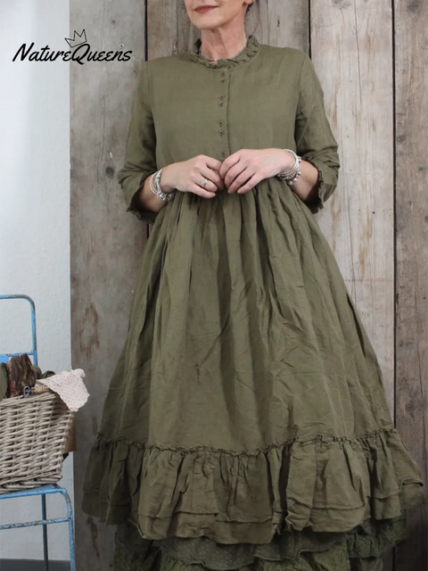 Women's Retro Double-layer Ruffled Hem Linen Dress