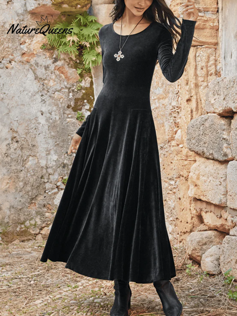 Elegant Solid Color Round Neck Stretch Velvet Midi Dress