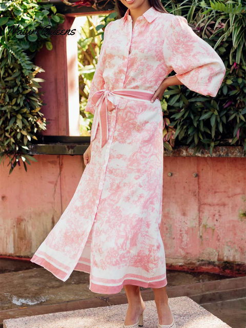 Women's Elegant Scroll Belted Shirt Dress