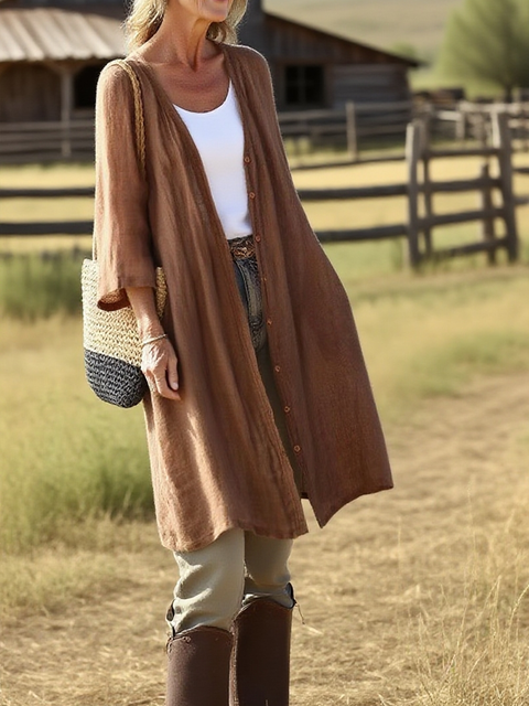 Women's Solid Color Cotton and Linen Mid-length Cardigan