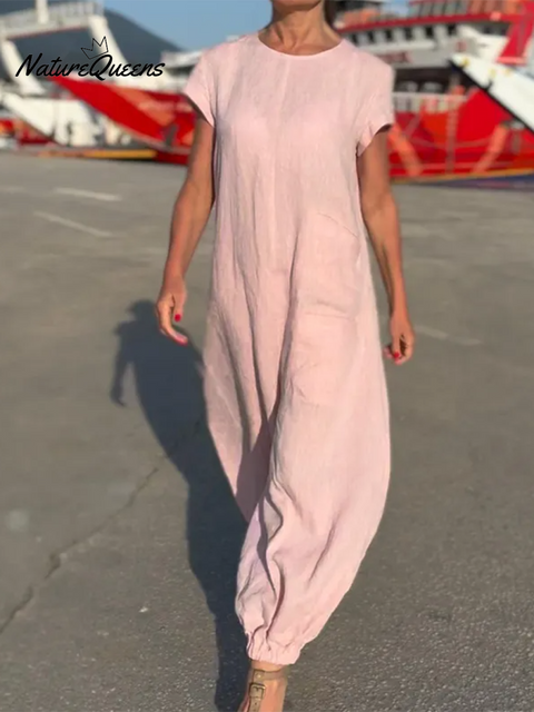 Women's Round Neck Loose Pocket Wide Leg Pants