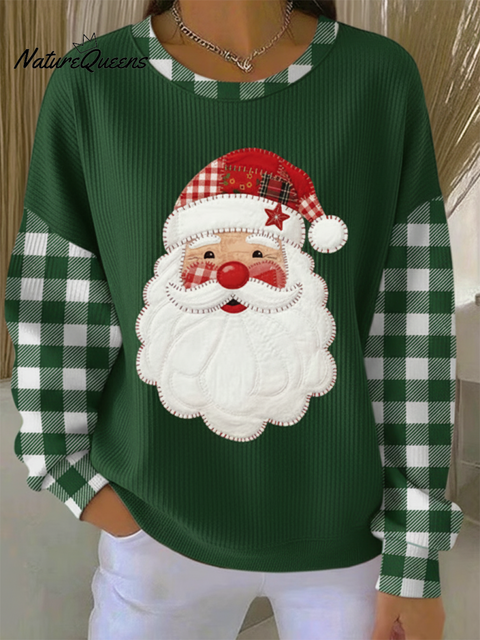 Women's Cute Santa Claus Print Plaid Patchwork Sweater