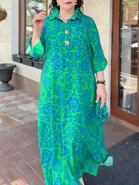 Loose-fitting Printed Dress with Metal Buttons