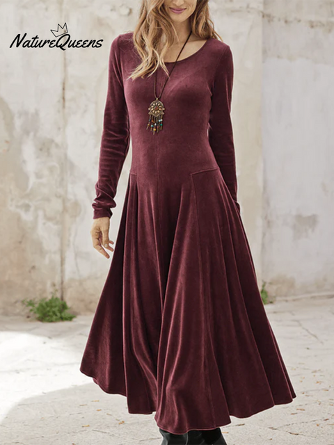 Elegant Solid Color Round Neck Stretch Velvet Midi Dress