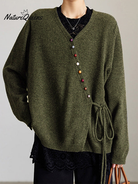 Women's Colorful Button Wool Lace-Up Sweater