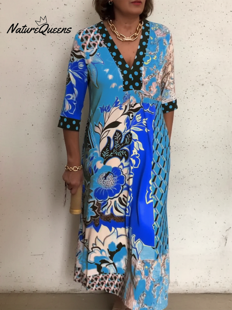 Women's Floral Polka Dot Print V-neck Dress