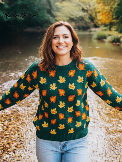 Colorful Maple Leaf Crew Neck Loose Sweater