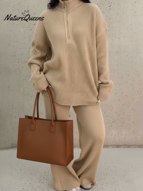 Women's Casual Solid Color Zipper Knit Top Wide Leg Pants Two-Piece Set