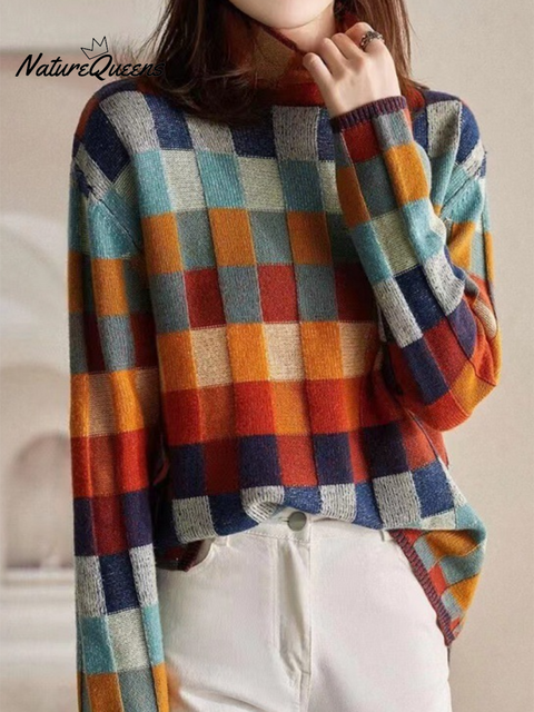 Women's Colorful Checkerboard Wool Knit Top