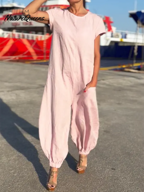 Women's Round Neck Loose Pocket Wide Leg Pants