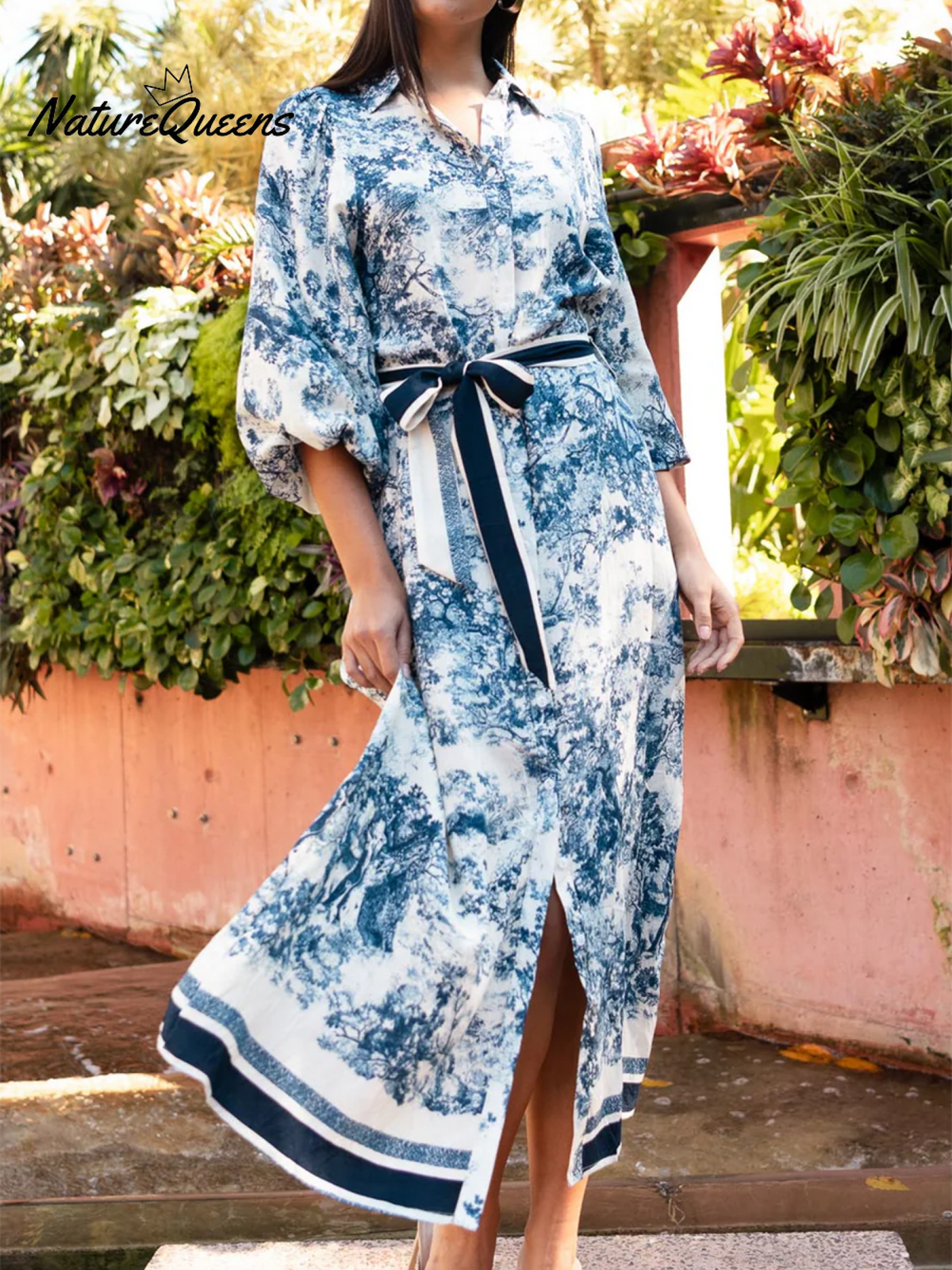 Women's Elegant Scroll Belted Shirt Dress