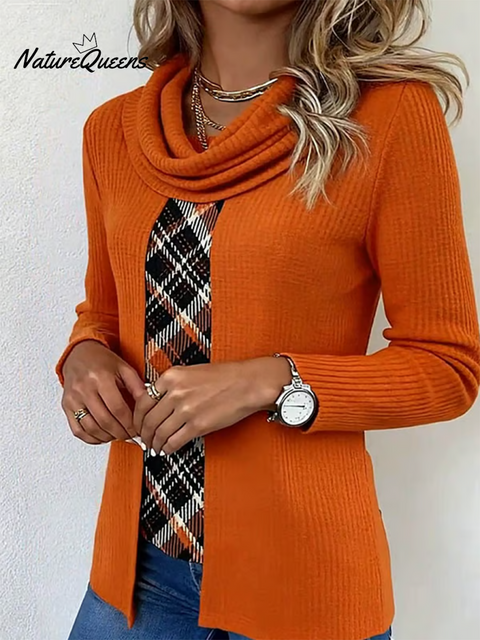 Women's Casual Scarf Collar Plaid Patchwork Knitted Pullover Top