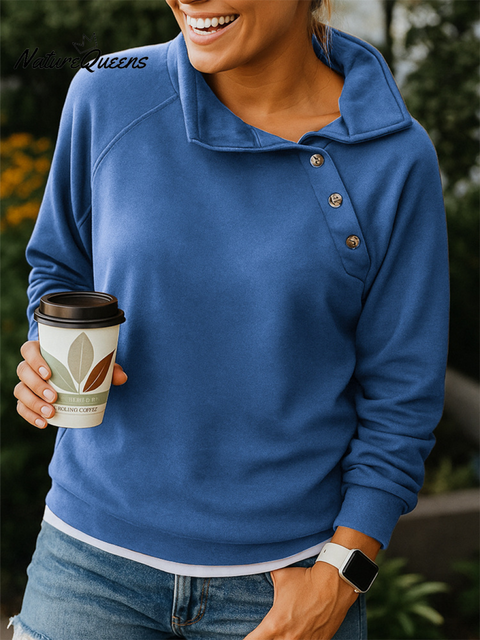 Women's Casual Button-down Slant Collar Sweatshirt