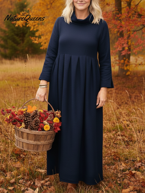 Elegant and Classic Solid Color Cowl Neck Pleated Midi Dress