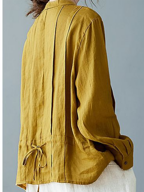 Women's Pleated Drawstring Button Cotton and Linen Shirt