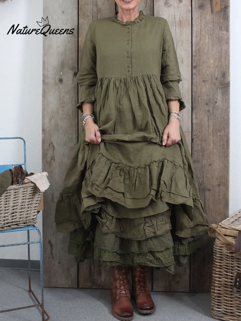 Women's Retro Double-layer Ruffled Hem Linen Dress