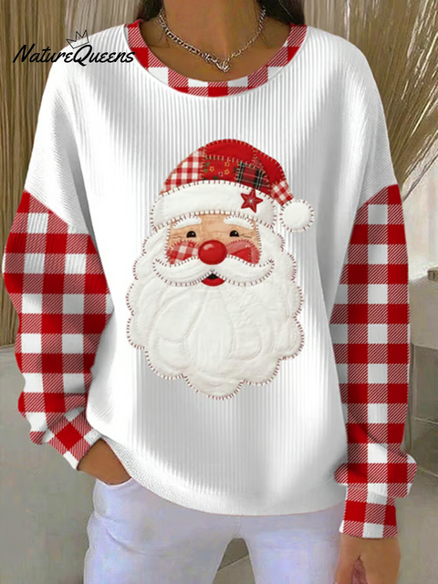Women's Cute Santa Claus Print Plaid Patchwork Sweater