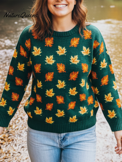 Colorful Maple Leaf Crew Neck Loose Sweater