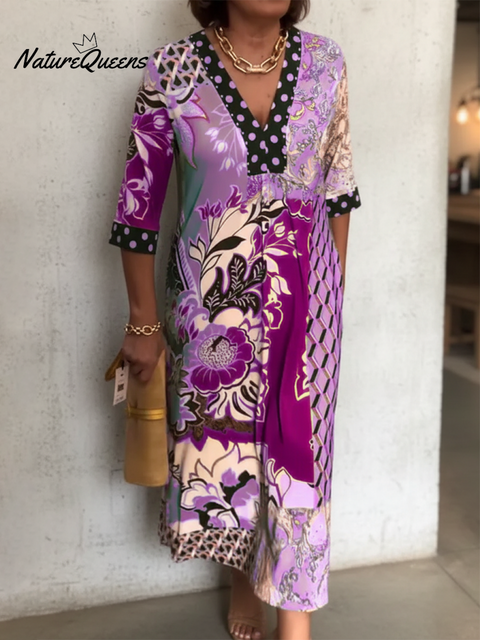 Women's Floral Polka Dot Print V-neck Dress
