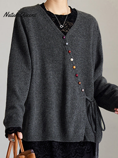 Women's Colorful Button Wool Lace-Up Sweater