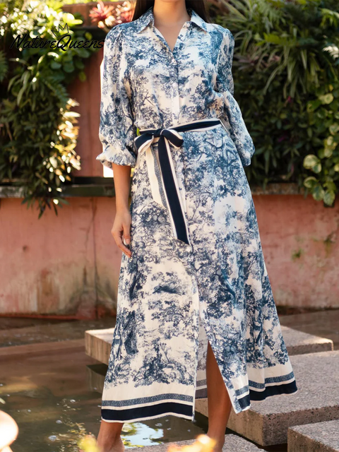 Women's Elegant Scroll Belted Shirt Dress