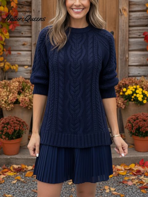 Women's Retro Elegant Cable Knit Paneled Hem Dress