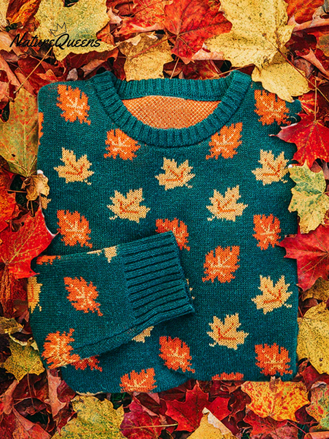Colorful Maple Leaf Crew Neck Loose Sweater