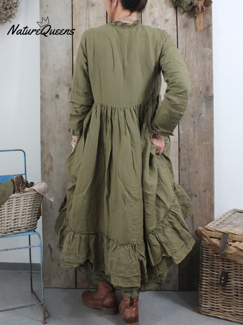 Women's Retro Double-layer Ruffled Hem Linen Dress