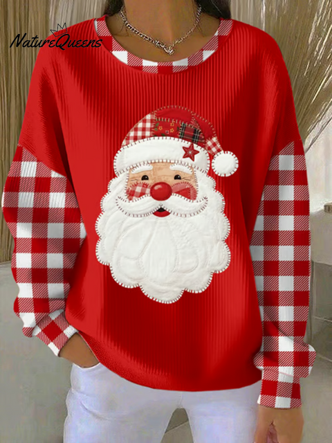 Women's Cute Santa Claus Print Plaid Patchwork Sweater
