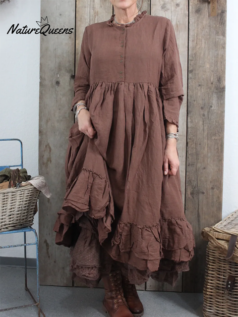 Women's Retro Double-layer Ruffled Hem Linen Dress