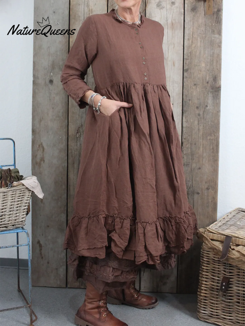 Women's Retro Double-layer Ruffled Hem Linen Dress