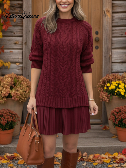 Women's Retro Elegant Cable Knit Paneled Hem Dress