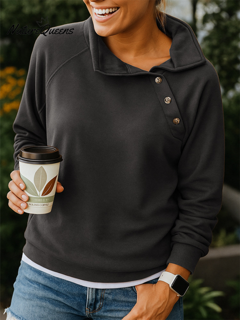 Women's Casual Button-down Slant Collar Sweatshirt