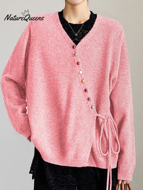 Women's Colorful Button Wool Lace-Up Sweater
