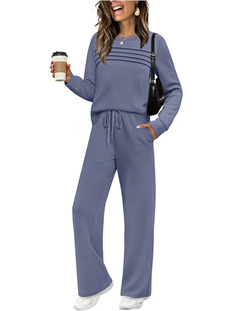 Women's Casual Sports Travel Pleated Top and Pants Two-piece Set
