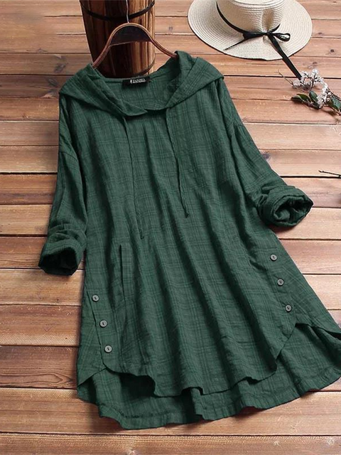 Button-Hem Plaid Linen Hooded Shirt