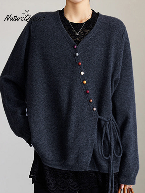 Women's Colorful Button Wool Lace-Up Sweater