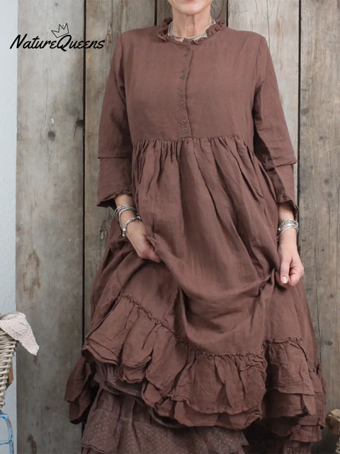 Women's Retro Double-layer Ruffled Hem Linen Dress