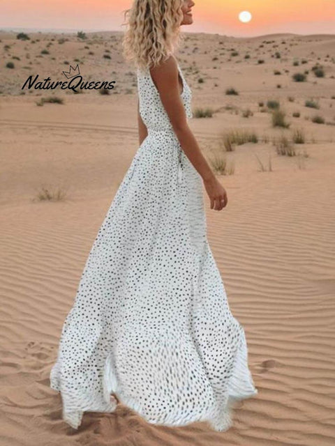 Bohemian V-Neck Sleeveless Polka-Dot Maxi Dress