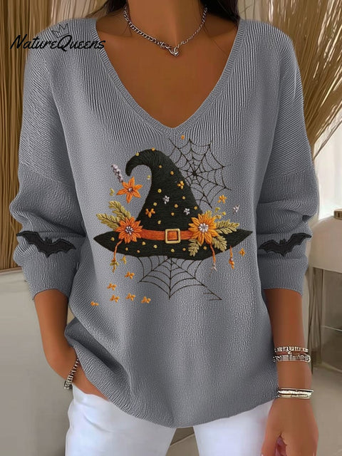 Women's Halloween Witch Hat Printed Casual Striped Fabric Long Sleeve T-shirt