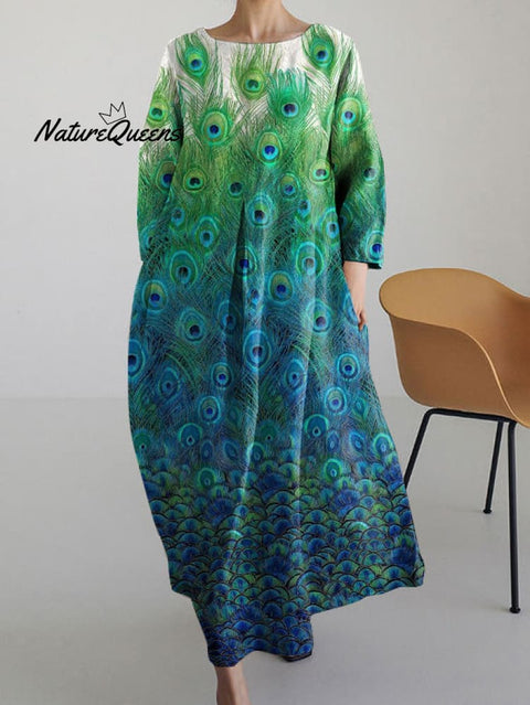 Gorgeous Peacock Feather Print Loose Long Sleeve Dress