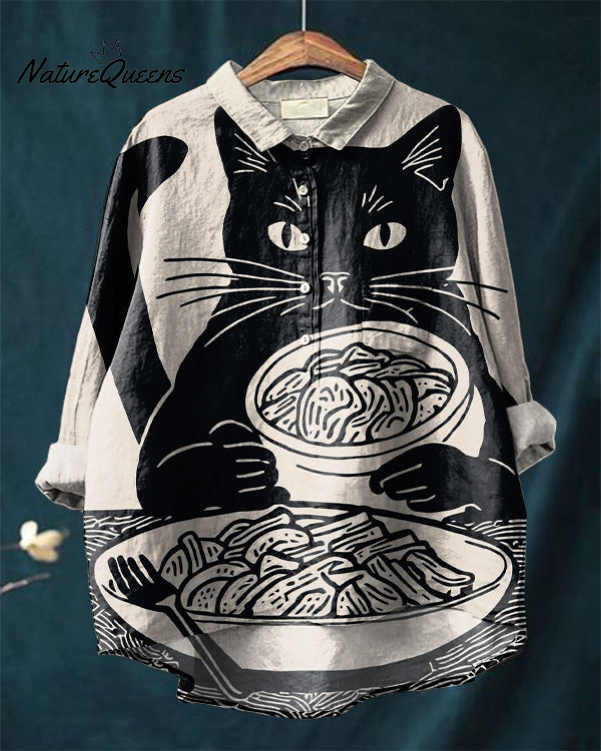 Unique Kimchi Cat Art Cotton and Linen Casual Shirt