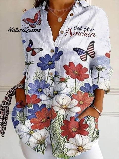 Women's Casual Cotton and Linen Floral Independence Day Shirt