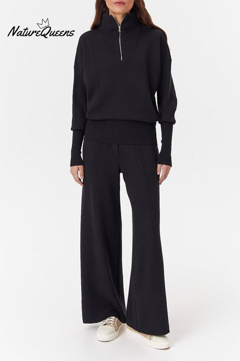 Women's casual, simple and fashionable zipper lapel two-piece set