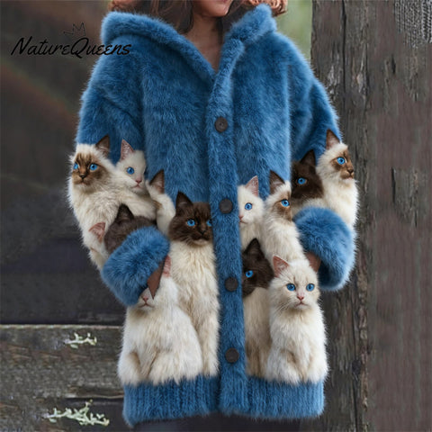 Classy Fuzzy Cats Art Cozy Knit Hooded Cardigan
