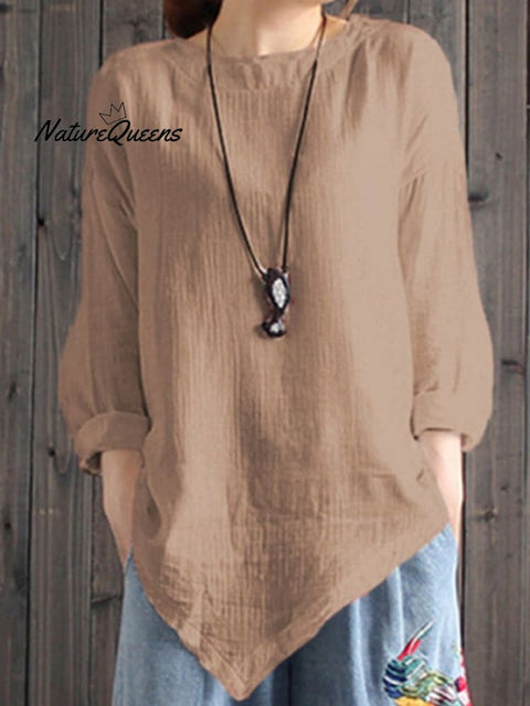 Ladies Cotton Linen Irregular Hem Shirt