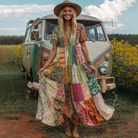 Countryside Style Collection Classy Patchwork Floral Pattern Art Linen Maxi Dress