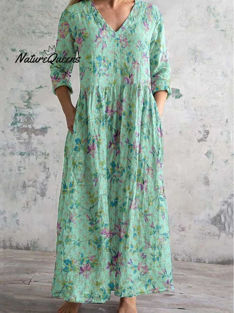 Women's Pastoral Floral V-Neck Cotton and Linen Dress with Pockets