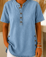 NatureQueens Women's Loose Denim Top - V Neck Short Sleeve Casual Button Up Cotton Blouse