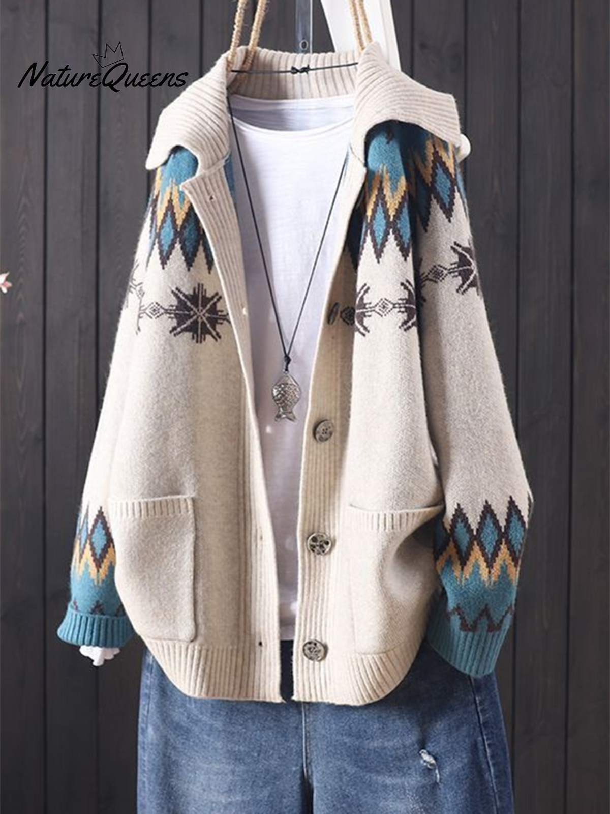 Vintage Lapel Jacquard Large Pocket Sweater